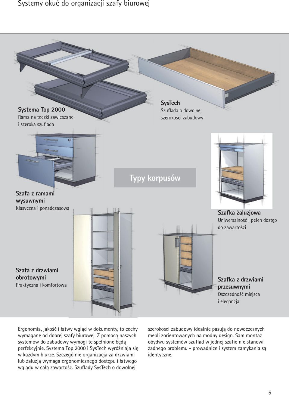 Ergonomia, jakość i łatwy wgląd w dokumenty, to cechy wymagane od dobrej szafy biurowej. Z pomocą naszych systemów do zabudowy wymogi te spełnione będą perfekcyjnie.