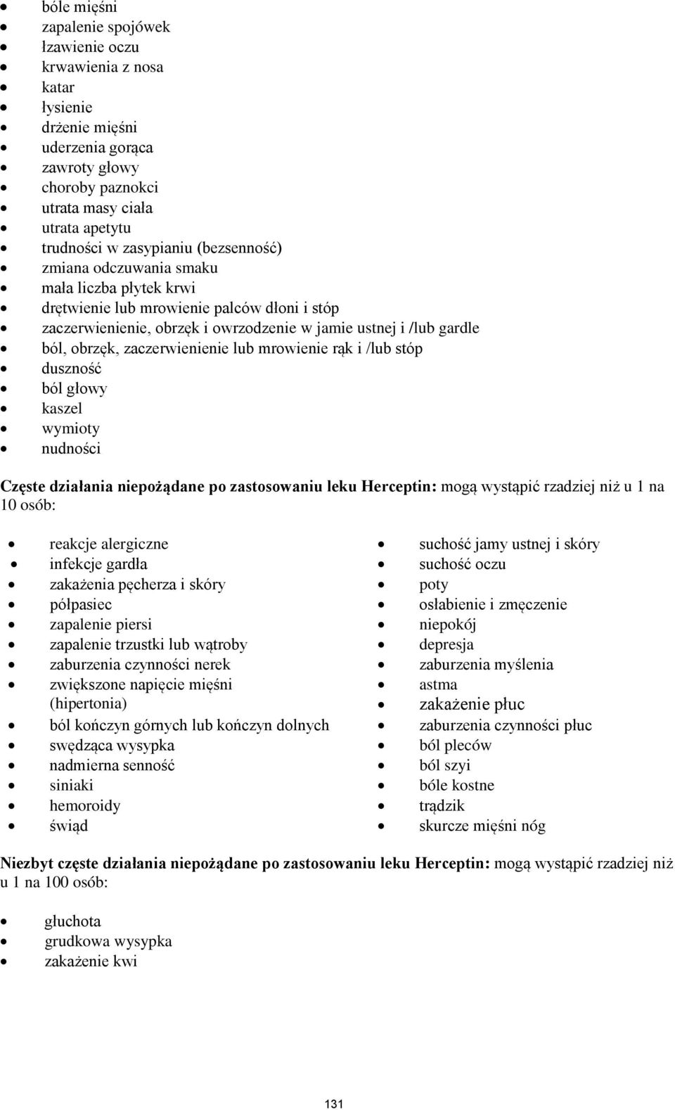 zaczerwienienie lub mrowienie rąk i /lub stóp duszność ból głowy kaszel wymioty nudności Częste działania niepożądane po zastosowaniu leku Herceptin: mogą wystąpić rzadziej niż u 1 na 10 osób: