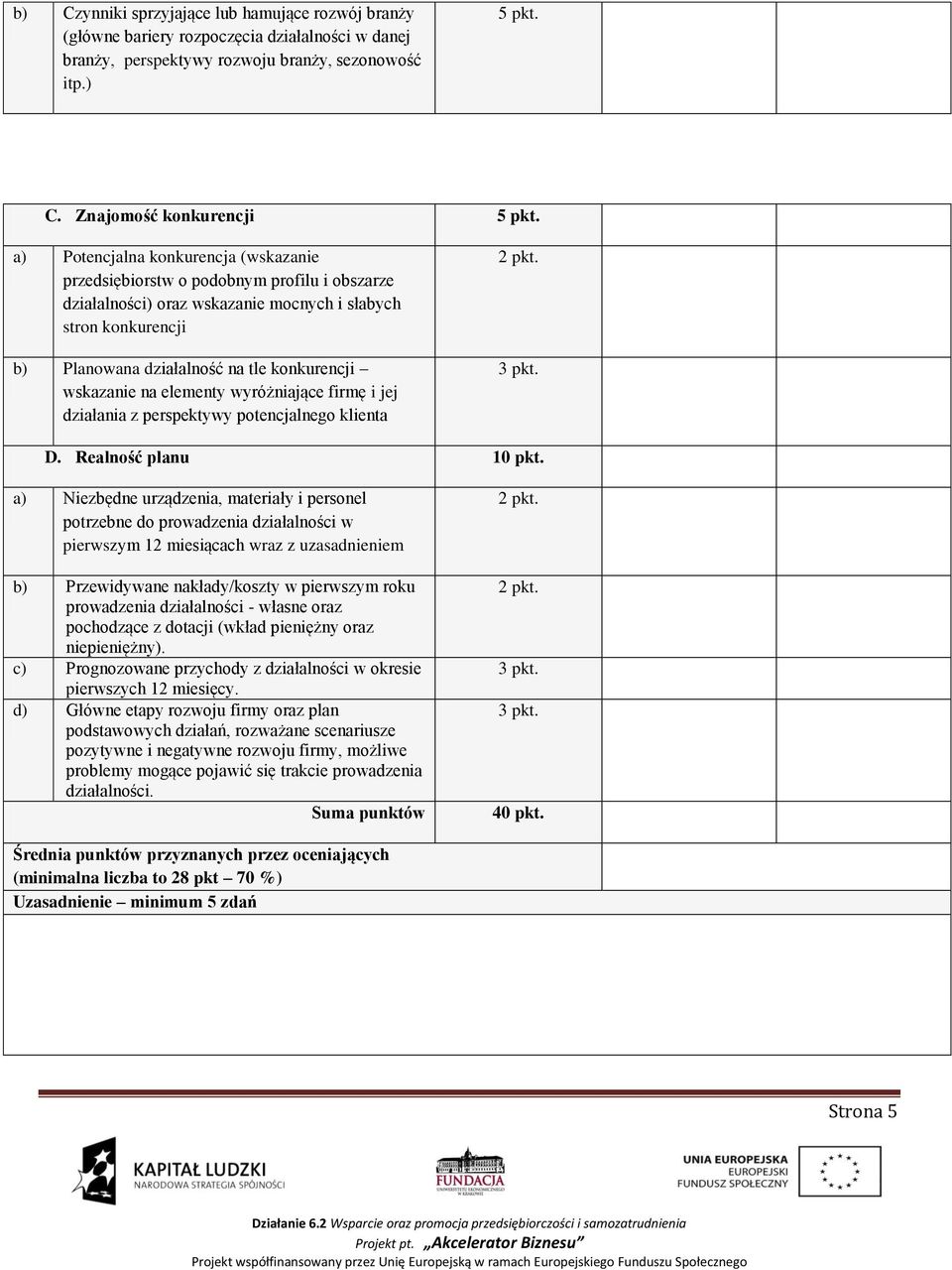 wskazanie na elementy wyróżniające firmę i jej działania z perspektywy potencjalnego klienta 2 pkt. D. Realność planu 10 pkt.