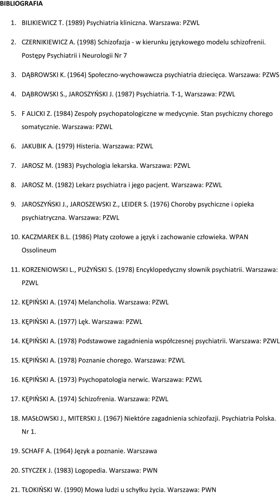 (1984) Zespoły psychopatologiczne w medycynie. Stan psychiczny chorego somatycznie. Warszawa: PZWL 6. JAKUBIK A. (1979) Histeria. Warszawa: PZWL 7. JAROSZ M. (1983) Psychologia lekarska.