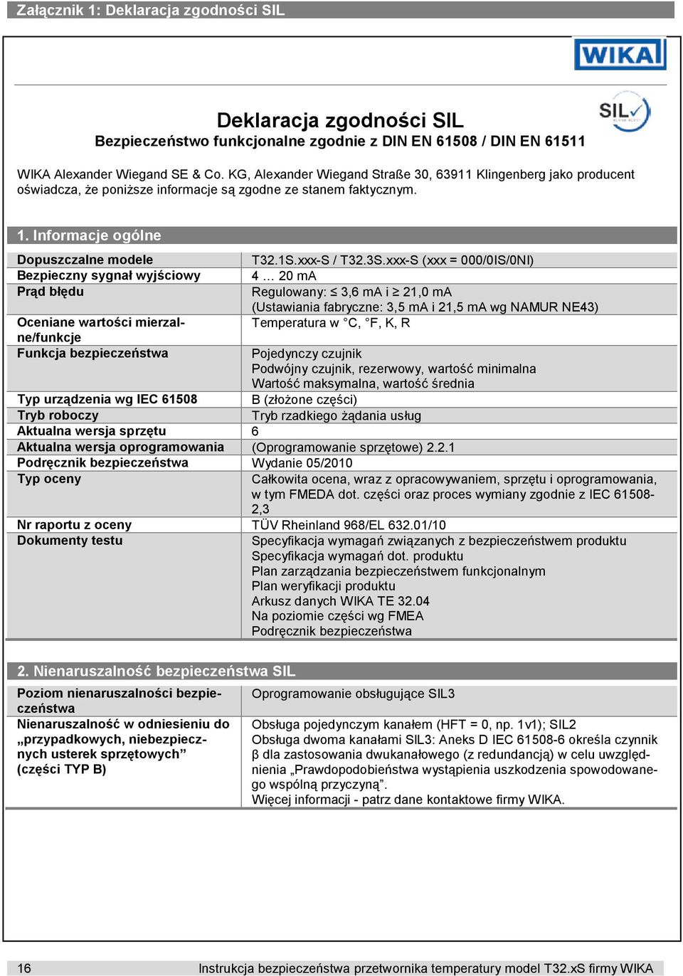 Informacje ogólne Dopuszczalne modele Bezpieczny sygnał wyjściowy Prąd błędu Oceniane wartości mierzalne/funkcje Funkcja bezpieczeństwa T32.1S.xxx-S / T32.3S.