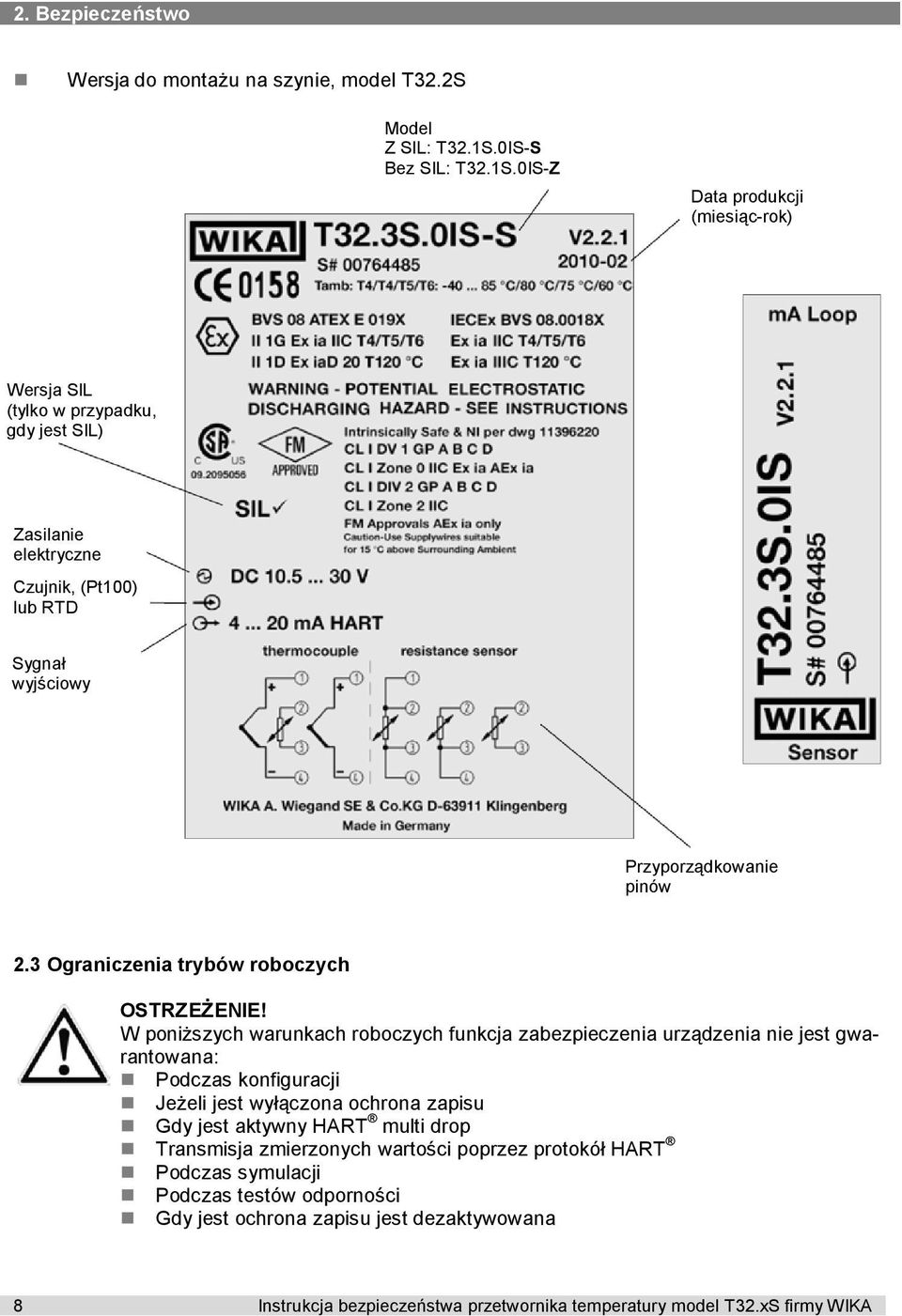 0IS-Z Data produkcji (miesiąc-rok) Wersja SIL (tylko w przypadku, SIL) gdy jest SIL) Zasilanie elektryczne Czujnik, (Pt100) lub RTD Sygnał wyjściowy Przyporządkowanie pinów