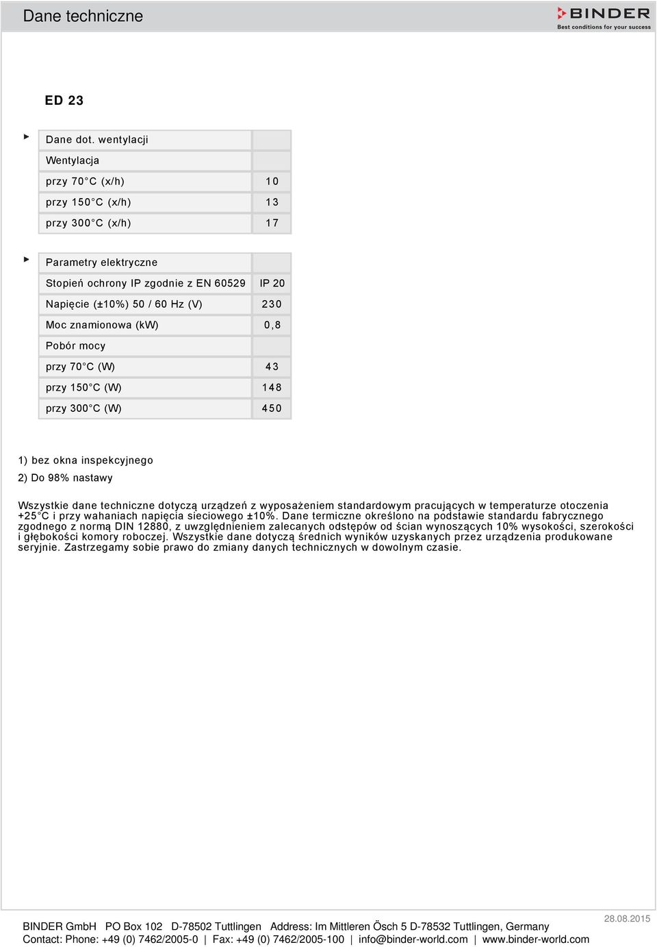 (kw) 0,8 Pobór mocy przy 70 C (W) 43 przy 150 C (W) 148 przy 300 C (W) 450 1) bez okna inspekcyjnego 2) Do 98% nastawy Wszystkie dane techniczne dotyczą urządzeń z wyposażeniem standardowym