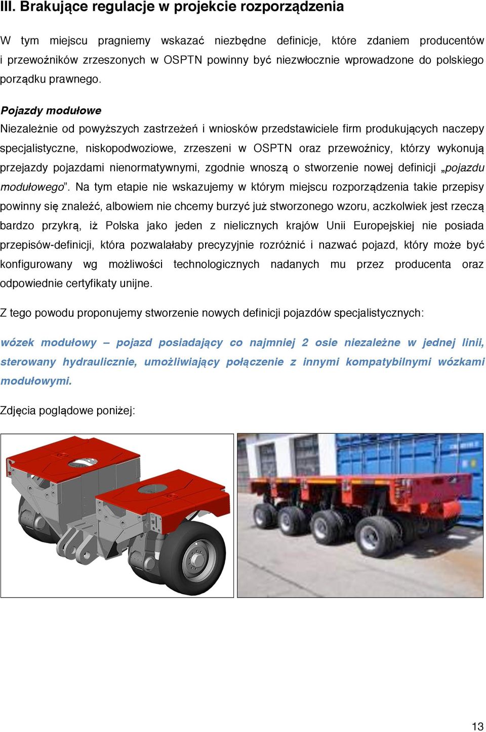 Pojazdy modułowe Niezależnie od powyższych zastrzeżeń i wniosków przedstawiciele firm produkujących naczepy specjalistyczne, niskopodwoziowe, zrzeszeni w OSPTN oraz przewoźnicy, którzy wykonują