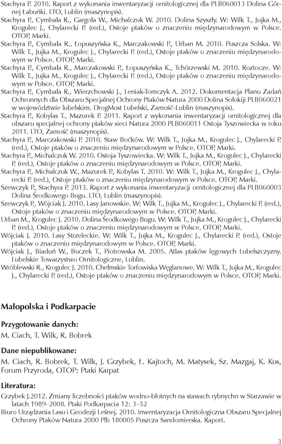 Puszcza Solska. W: Wilk T., Jujka M., Krogulec J., Chylarecki P. (red.), Ostoje ptaków o znaczeniu międzynarodowym w Polsce. OTOP, Marki. Stachyra P., Cymbała R., Marczakowski P., Łopuszyńska K.