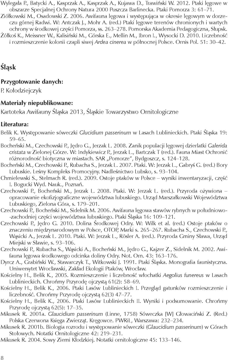 ) Ptaki lęgowe terenów chronionych i wartych ochrony w środkowej części Pomorza, ss. 263 278. Pomorska Akademia Pedagogiczna, Słupsk. Żółkoś K., Meissner W., Kalisiński M., Górska E., Mellin M.