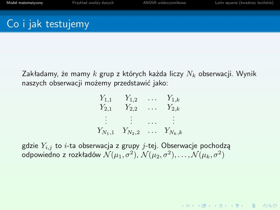 .. Y 2,k...... Y N1,1 Y N2,2... Y Nk,k gdzie Y i,j to i-ta obserwacja z grupy j-tej.