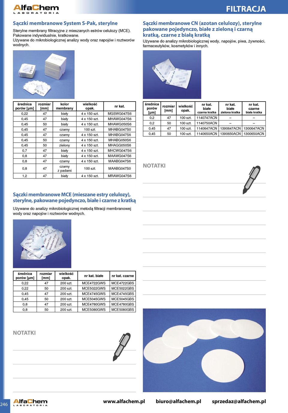 Sączki membranowe CN (azotan celulozy), sterylne pakowane pojedynczo, białe z zieloną i czarną kratką, czarne z białą kratką Używane do analizy mikrobiologicznej wody, napojów, piwa, żywności,