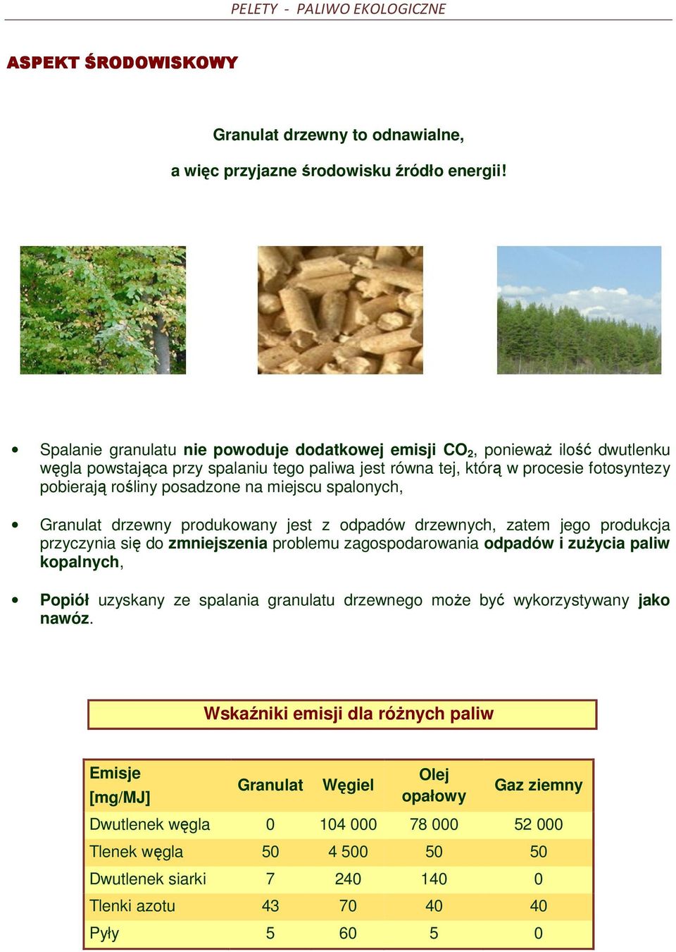 na miejscu spalonych, Granulat drzewny produkowany jest z odpadów drzewnych, zatem jego produkcja przyczynia się do zmniejszenia problemu zagospodarowania odpadów i zużycia paliw kopalnych, Popiół