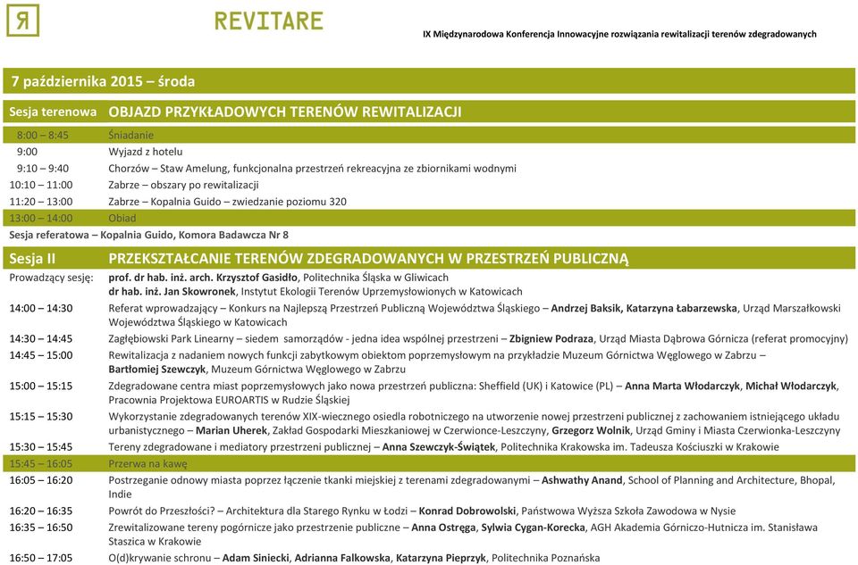 poziomu 320 13:00 14:00 Obiad Sesja referatowa Kopalnia Guido, Komora Badawcza Nr 8 Sesja II Prowadzący sesję: PRZEKSZTAŁCANIE TERENÓW ZDEGRADOWANYCH W PRZESTRZEŃ PUBLICZNĄ prof. dr hab. inż. arch.