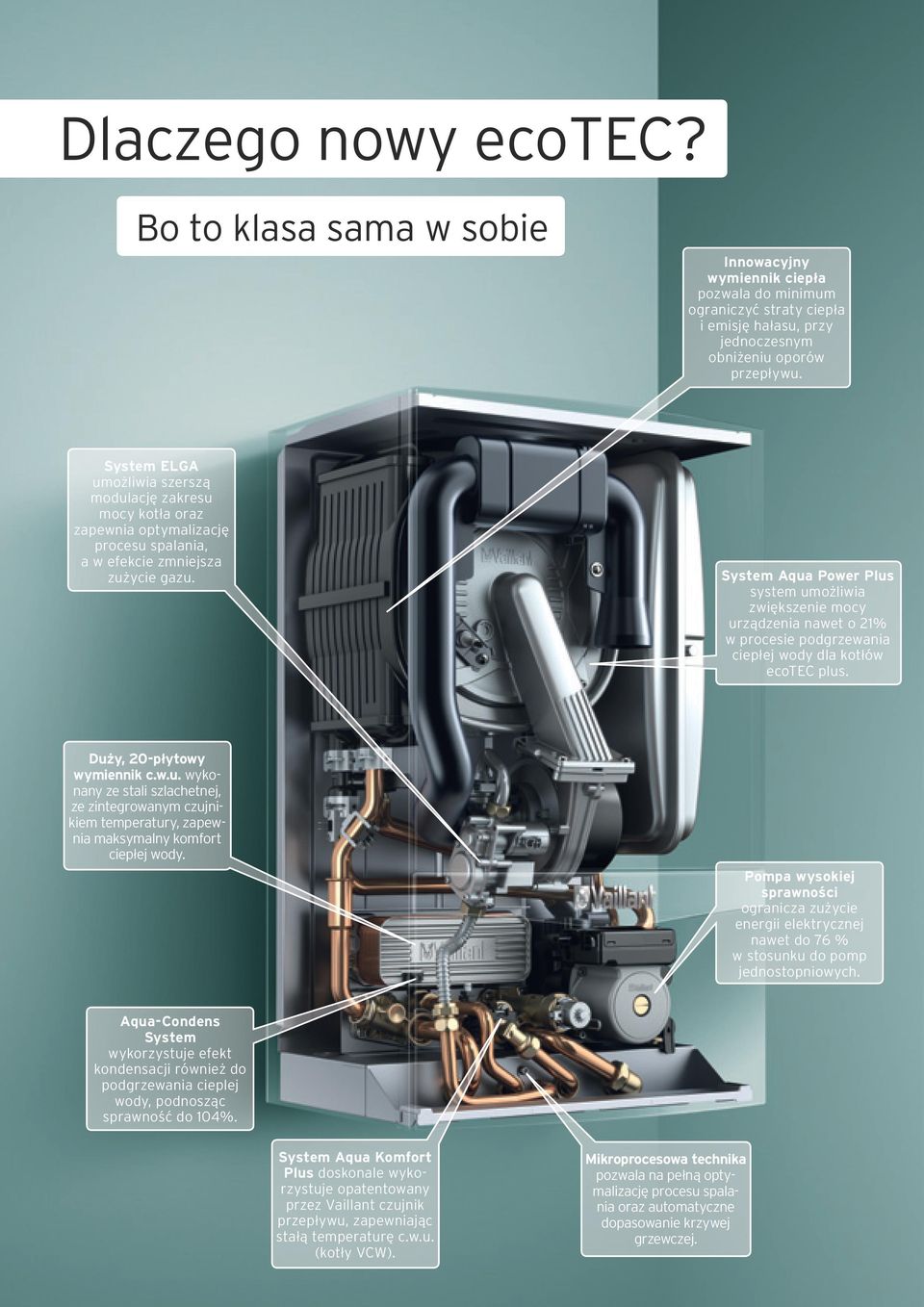 System Aqua Power Plus system umożliwia zwiększenie mocy urządzenia nawet o 21% w procesie podgrzewania ciepłej wody dla kotłów ecotec plus. Duży, 20-płytowy wymiennik c.w.u. wykonany ze stali szlachetnej, ze zintegrowanym czujnikiem temperatury, zapewnia maksymalny komfort ciepłej wody.