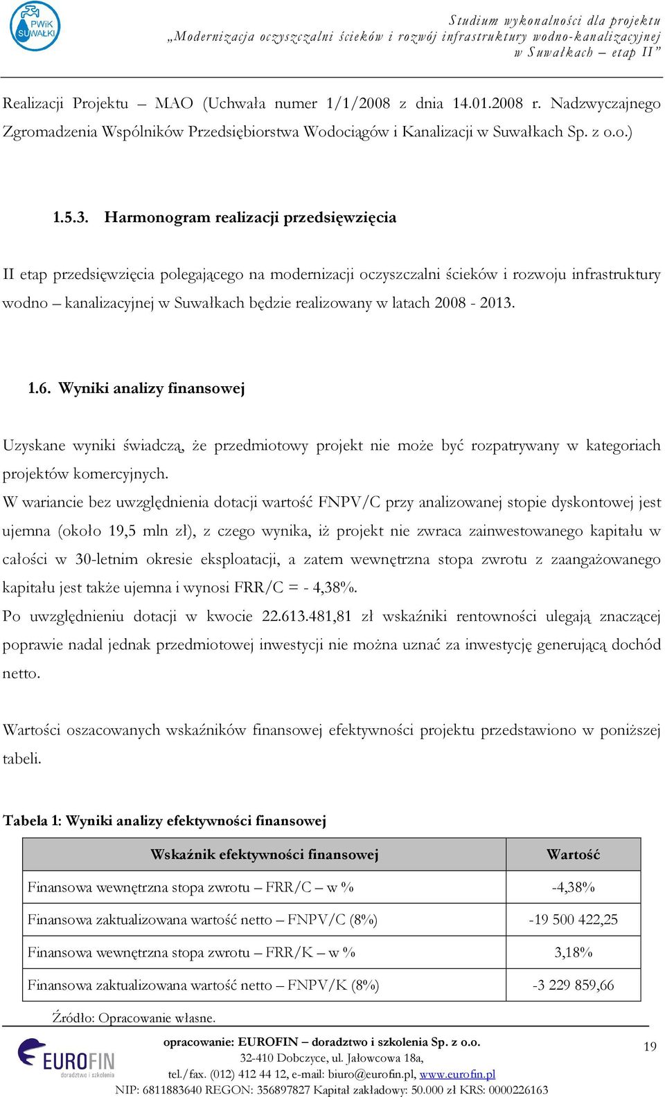 2008-2013. 1.6. Wyniki analizy finansowej Uzyskane wyniki świadczą, że przedmiotowy projekt nie może być rozpatrywany w kategoriach projektów komercyjnych.