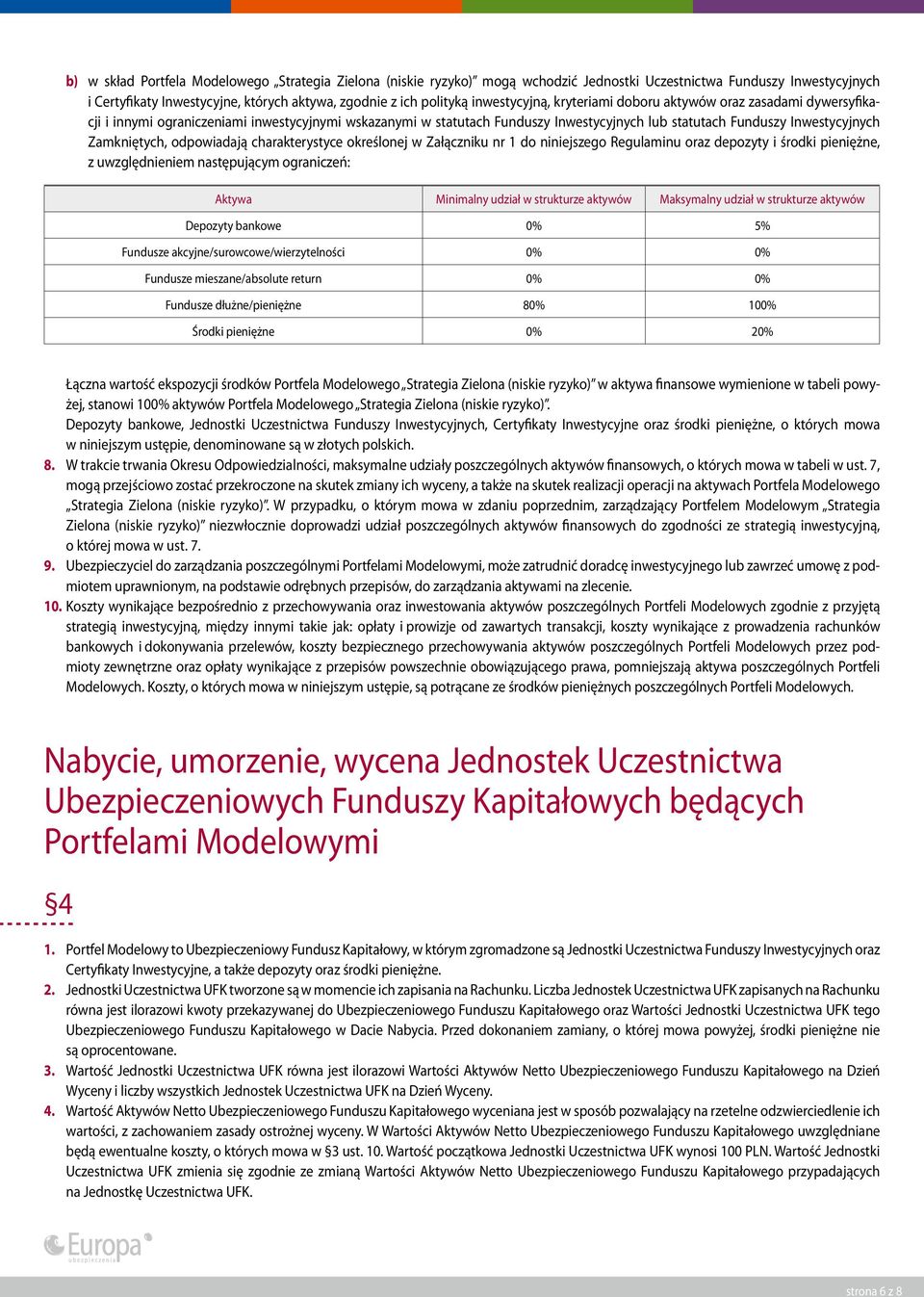 Zamkniętych, odpowiadają charakterystyce określonej w Załączniku nr 1 do niniejszego Regulaminu oraz depozyty i środki pieniężne, z uwzględnieniem następującym ograniczeń: Aktywa Minimalny udział w