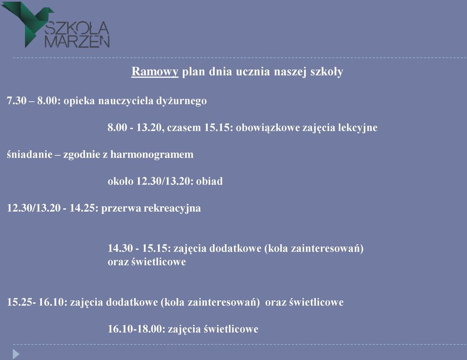 25: przerwa rekreacyjna 14.30-15.15: zajęcia dodatkowe (koła zainteresowań) oraz świetlicowe 15.