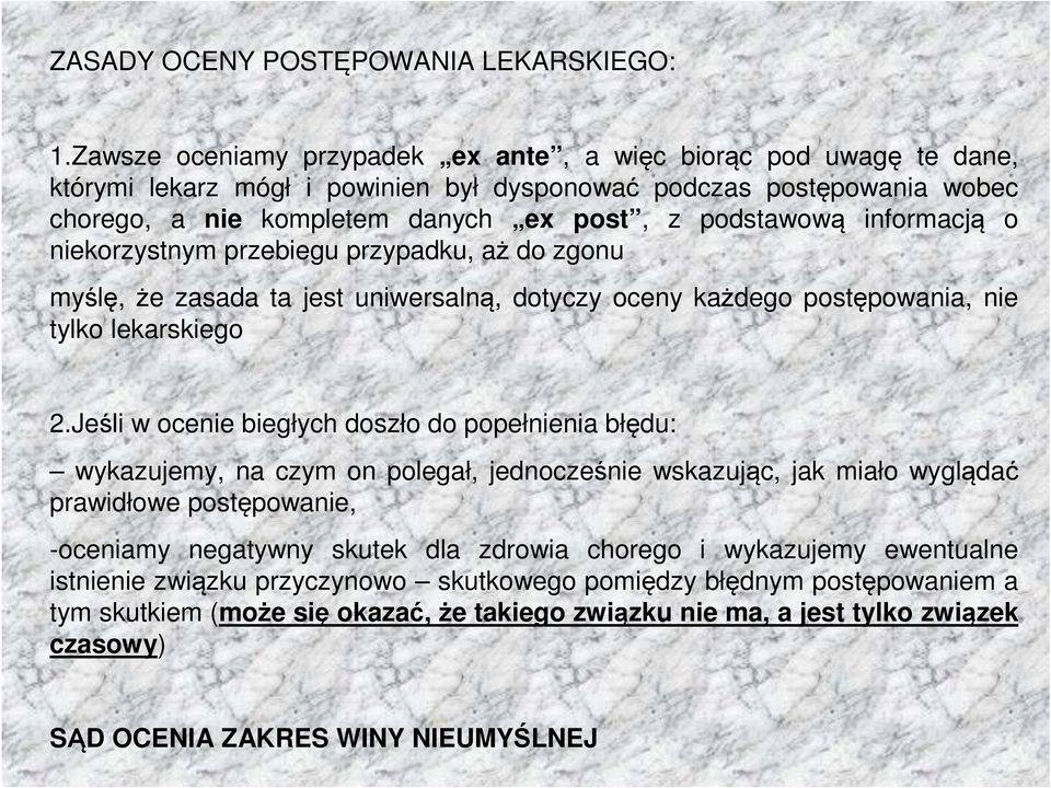 informacją o niekorzystnym przebiegu przypadku, aż do zgonu myślę, że zasada ta jest uniwersalną, dotyczy oceny każdego postępowania, nie tylko lekarskiego 2.