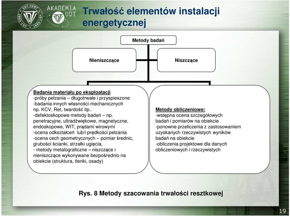 penetracyjne, ultradźwiękowe, magnetyczne, endoskopowe, WIT, prądami wirowymi -ocena odkształceń lub/i prędkości pełzania -ocena cech geometrycznych pomiar średnic, grubości ścianki, strzałki