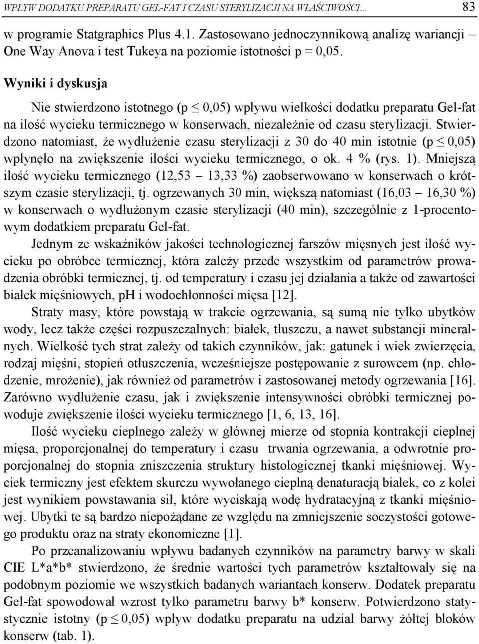 Wyniki i dyskusja Nie stwierdzono istotnego (p 0,05) wpływu wielkości dodatku preparatu Gel-fat na ilość wycieku termicznego w konserwach, niezależnie od czasu sterylizacji.