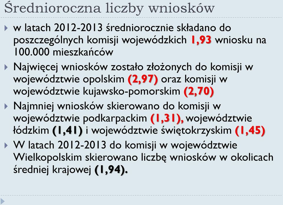 kujawsko-pomorskim (2,70) Najmniej wniosków skierowano do komisji w województwie podkarpackim (1,31), województwie łódzkim (1,41) i