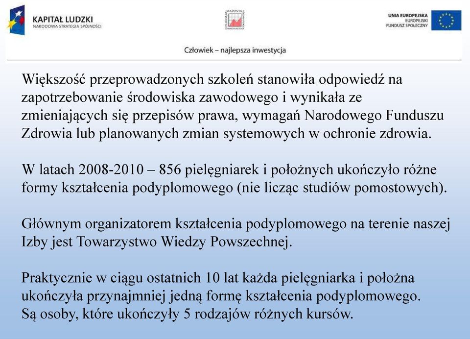 W latach 2008-2010 856 pielęgniarek i położnych ukończyło różne formy kształcenia podyplomowego (nie licząc studiów pomostowych).