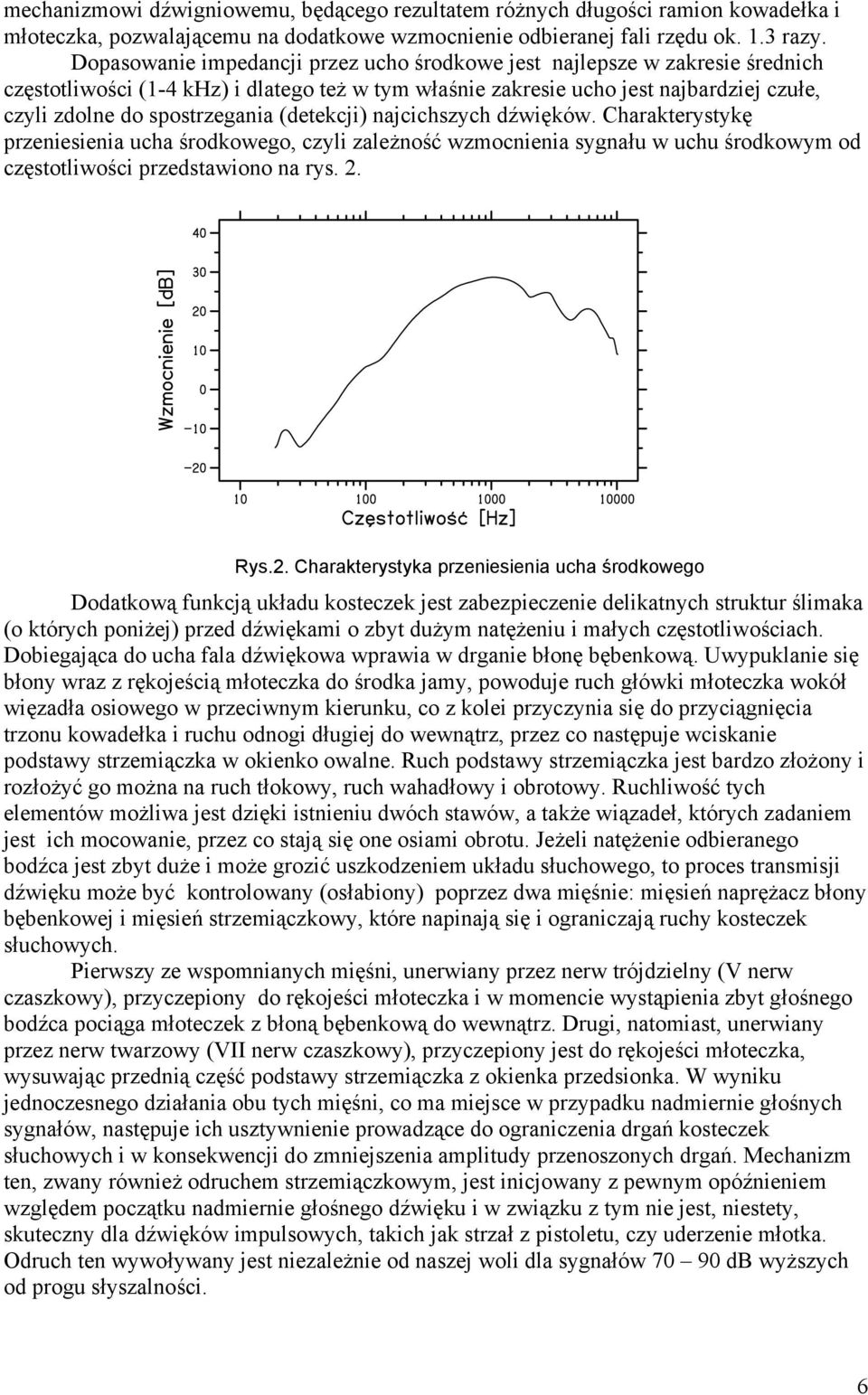 (detekcji) najcichszych dźwięków. Charakterystykę przeniesienia ucha środkowego, czyli zależność wzmocnienia sygnału w uchu środkowym od częstotliwości przedstawiono na rys. 2.