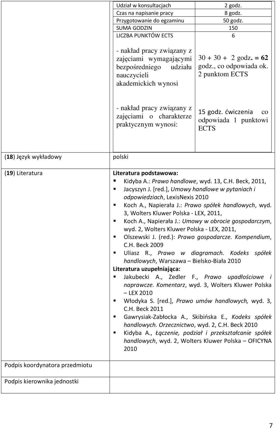 punktom ECTS - nakład pracy związany z zajęciami o charakterze praktycznym wynosi: godz. ćwiczenia co odpowiada punktowi ECTS (8) Język wykładowy polski (9) Literatura Literatura podstawowa: Kidyba A.