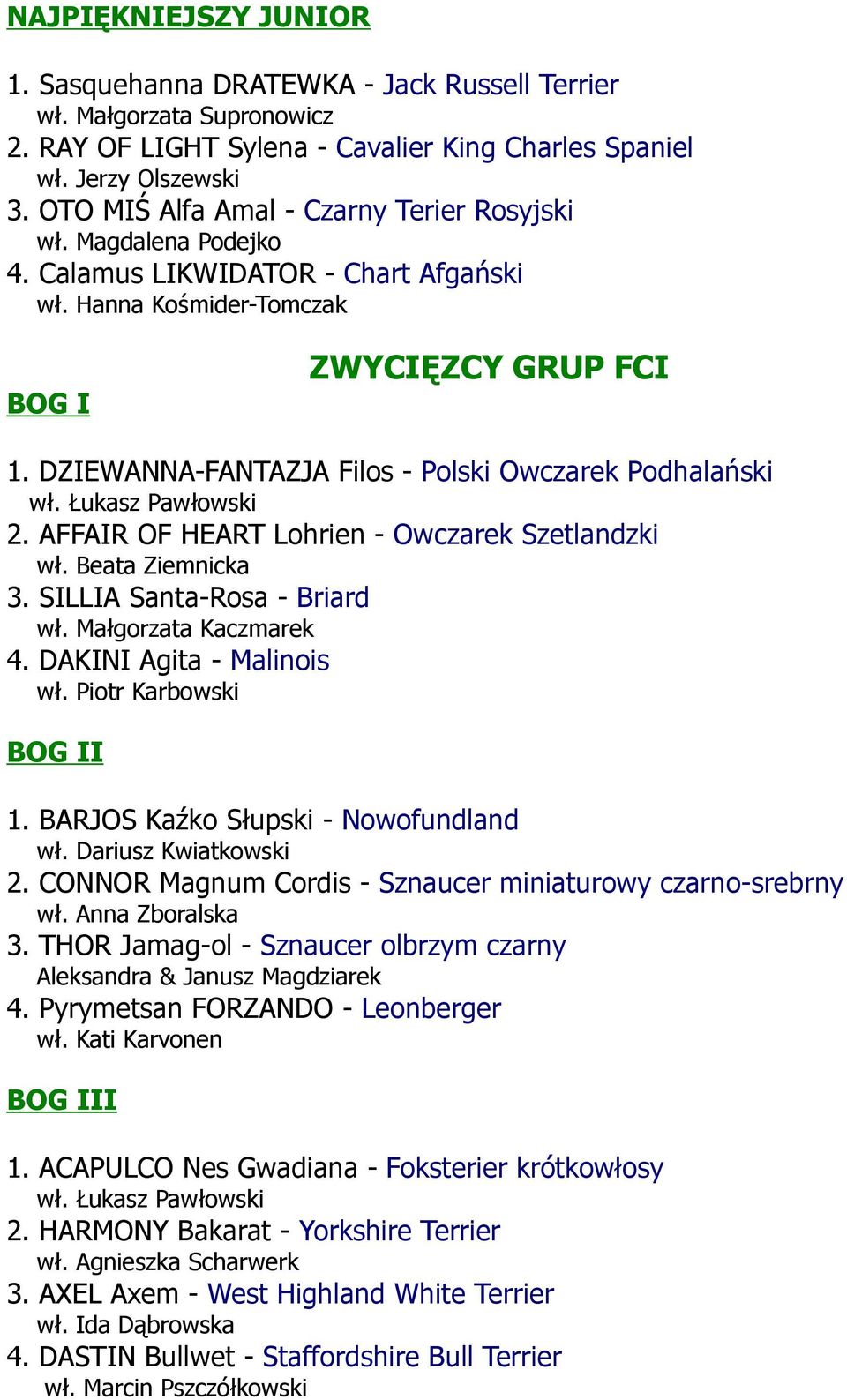 AFFAIR OF HEART Lohrien - Owczarek Szetlandzki wł. Beata Ziemnicka 3. SILLIA Santa-Rosa - Briard wł. Małgorzata Kaczmarek 4. DAKINI Agita - Malinois wł. Piotr Karbowski BOG II 1.