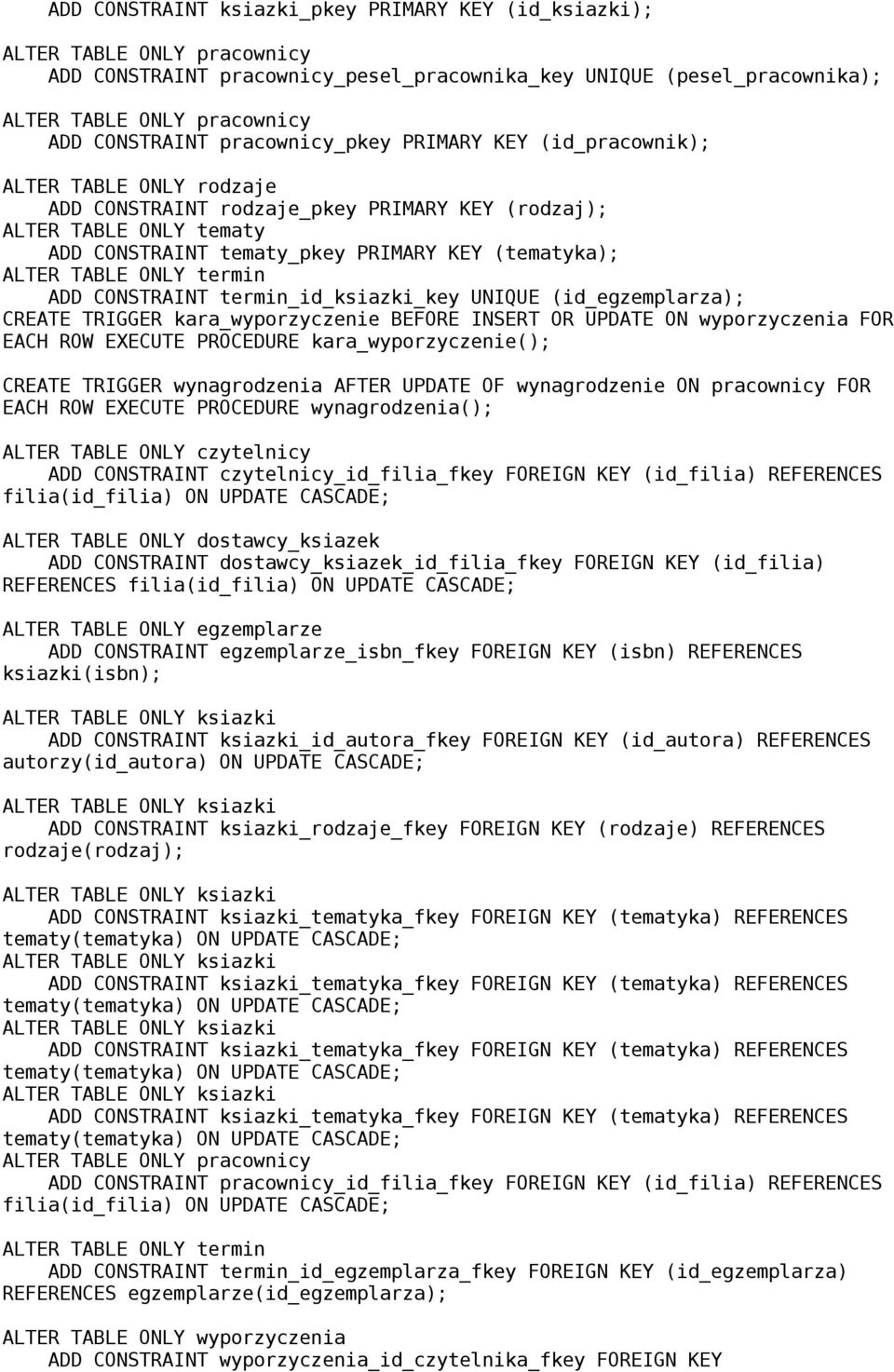 ONLY termin ADD CONSTRAINT termin_id_ksiazki_key UNIQUE (id_egzemplarza CREATE TRIGGER kara_wyporzyczenie BEFORE INSERT OR UPDATE ON wyporzyczenia FOR EACH ROW EXECUTE PROCEDURE kara_wyporzyczenie(