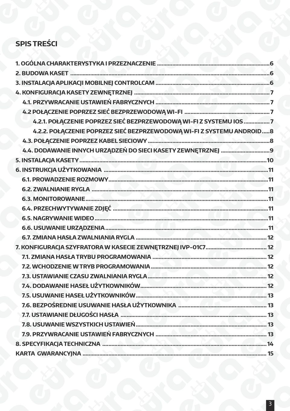 ..8 4.3. Połączenie poprzez kabel sieciowy...8 4.4. Dodawanie innych urządzeń do sieci kasety zewnętrznej...9 5. INSTALACJA KASETY...10 6. INSTRUKCJA UŻYTKOWANIA...11 6.1. Prowadzenie rozmowy...11 6.2.