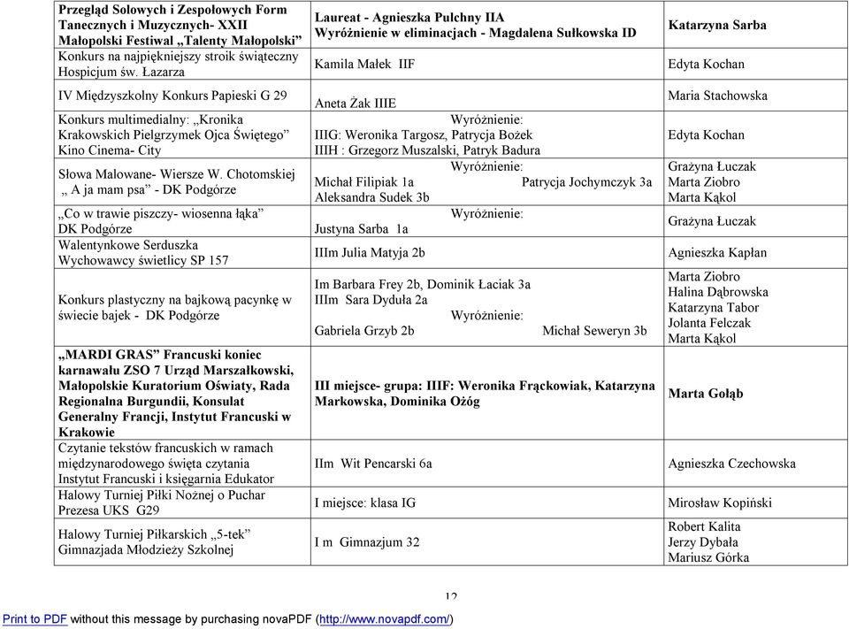 Chotomskiej A ja mam psa - DK Podgórze Co w trawie piszczy- wiosenna łąka DK Podgórze Walentynkowe Serduszka Wychowawcy świetlicy SP 157 Konkurs plastyczny na bajkową pacynkę w świecie bajek - DK