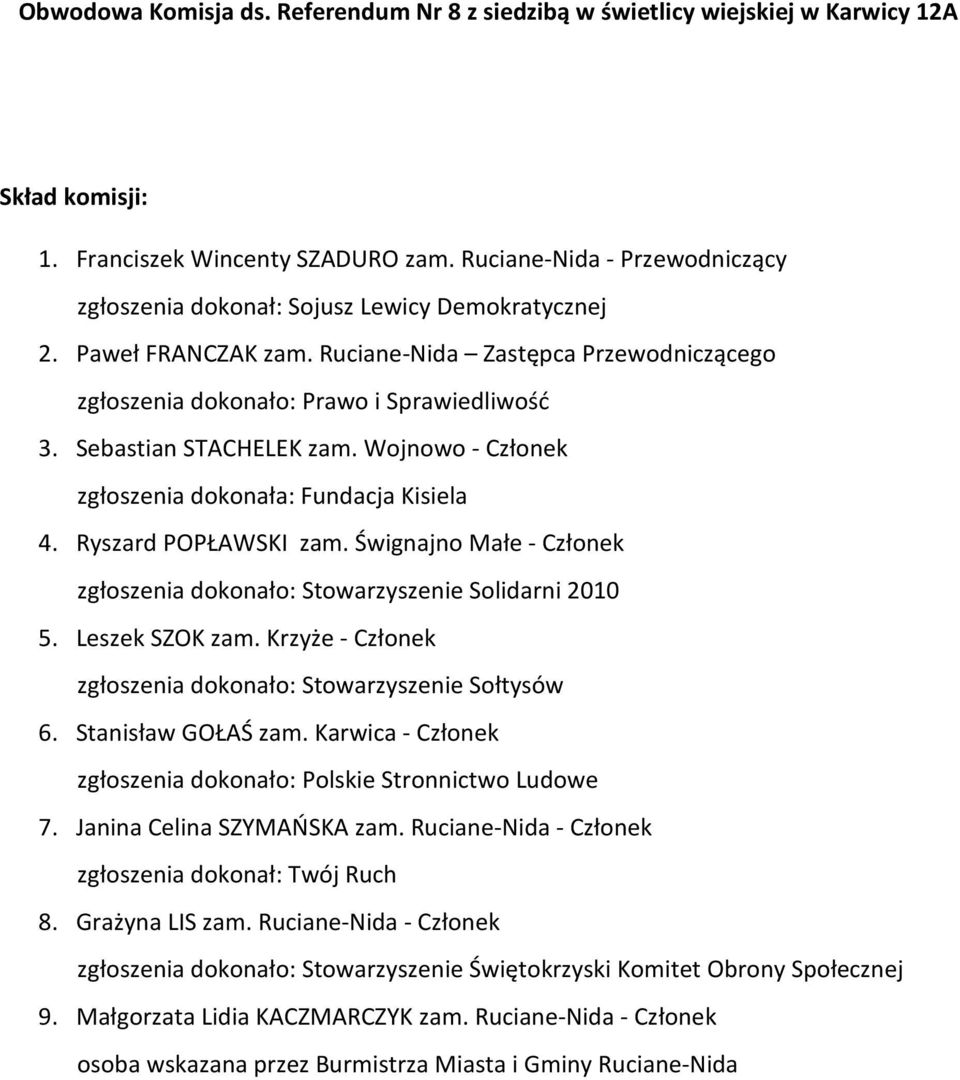 Wojnowo - Członek 4. Ryszard POPŁAWSKI zam. Śwignajno Małe - Członek 5. Leszek SZOK zam. Krzyże - Członek 6. Stanisław GOŁAŚ zam.