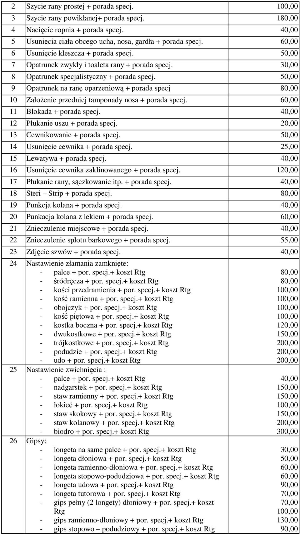 50,00 9 Opatrunek na ranę oparzeniową + porada specj 80,00 10 ZałoŜenie przedniej tamponady nosa + porada specj. 60,00 11 Blokada + porada specj. 40,00 12 Płukanie uszu + porada specj.