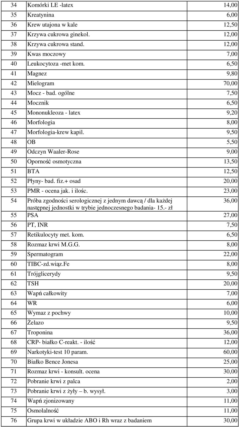 9,50 48 OB 5,50 49 Odczyn Waaler-Rose 9,00 50 Oporność osmotyczna 13,50 51 BTA 12,50 52 Płyny- bad. fiz.+ osad 20,00 53 PMR - ocena jak. i ilośc.