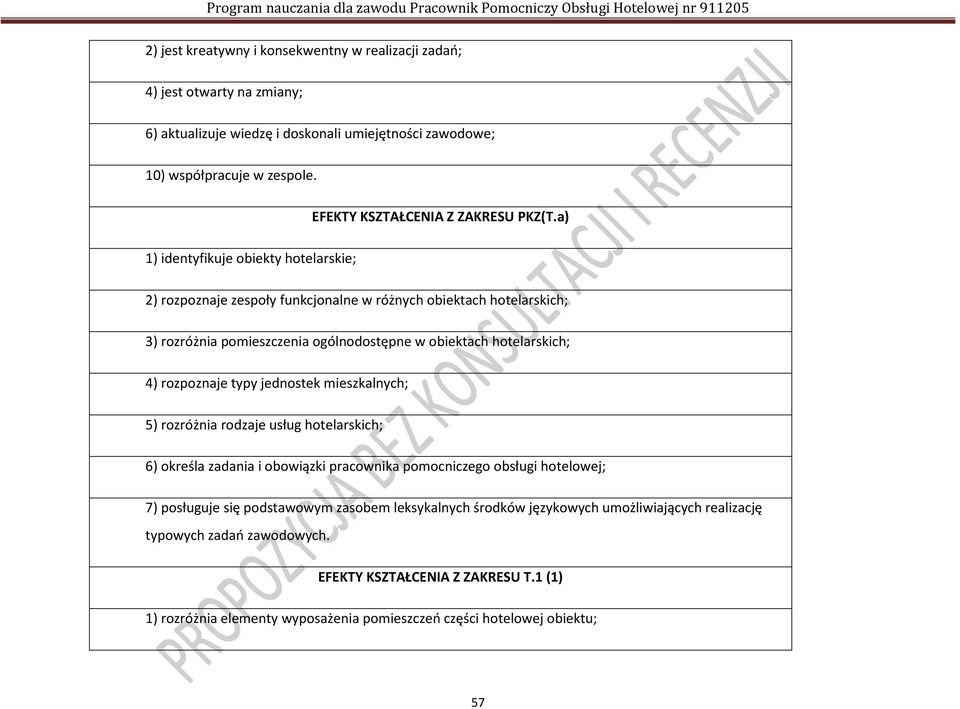 a) 1) identyfikuje obiekty hotelarskie; 2) rozpoznaje zespoły funkcjonalne w różnych obiektach hotelarskich; 3) rozróżnia pomieszczenia ogólnodostępne w obiektach hotelarskich; 4) rozpoznaje