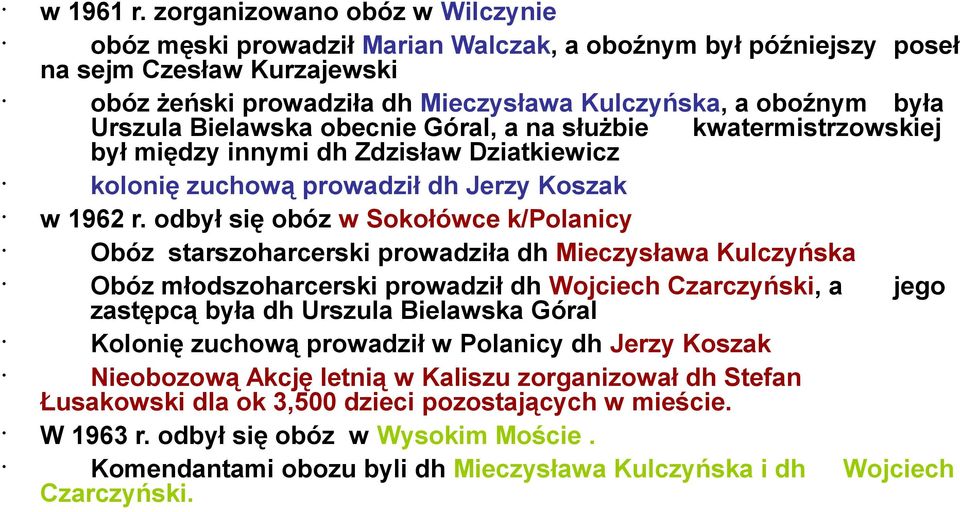 Bielawska obecnie Góral, a na służbie kwatermistrzowskiej był między innymi dh Zdzisław Dziatkiewicz kolonię zuchową prowadził dh Jerzy Koszak w 1962 r.