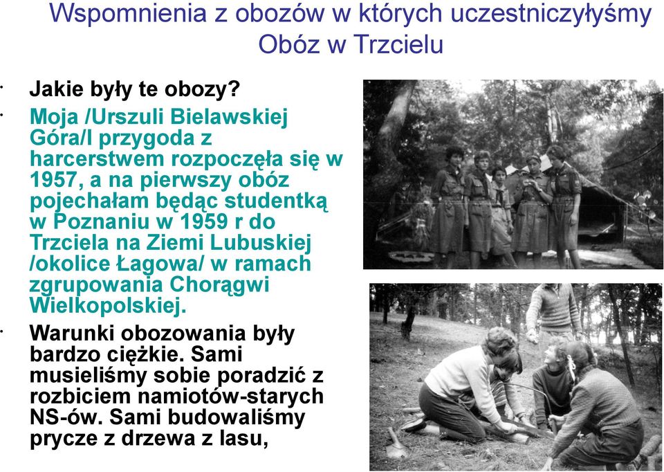 studentką w Poznaniu w 1959 r do Trzciela na Ziemi Lubuskiej /okolice Łagowa/ w ramach zgrupowania Chorągwi