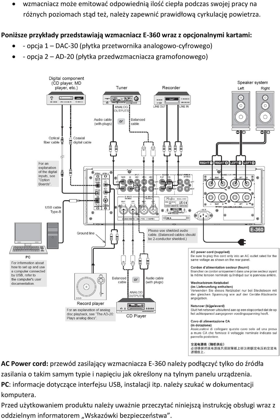 gramofonowego) AC Power cord: przewód zasilający wzmacniacza E-360 należy podłączyć tylko do źródła zasilania o takim samym typie i napięciu jak określony na tylnym panelu urządzenia.