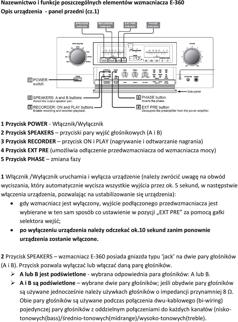 (umożliwia odłączenie przedwzmacniacza od wzmacniacza mocy) 5 Przycisk PHASE zmiana fazy 1 Włącznik /Wyłącznik uruchamia i wyłącza urządzenie (należy zwrócić uwagę na obwód wyciszania, który