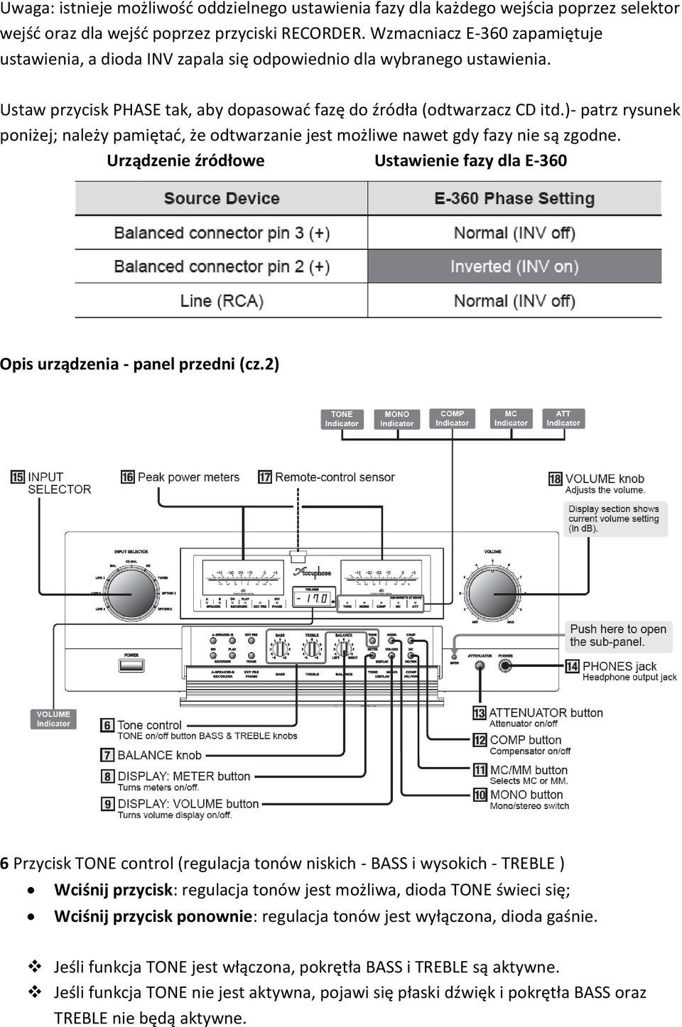 )- patrz rysunek poniżej; należy pamiętać, że odtwarzanie jest możliwe nawet gdy fazy nie są zgodne. Urządzenie źródłowe Ustawienie fazy dla E-360 Opis urządzenia - panel przedni (cz.