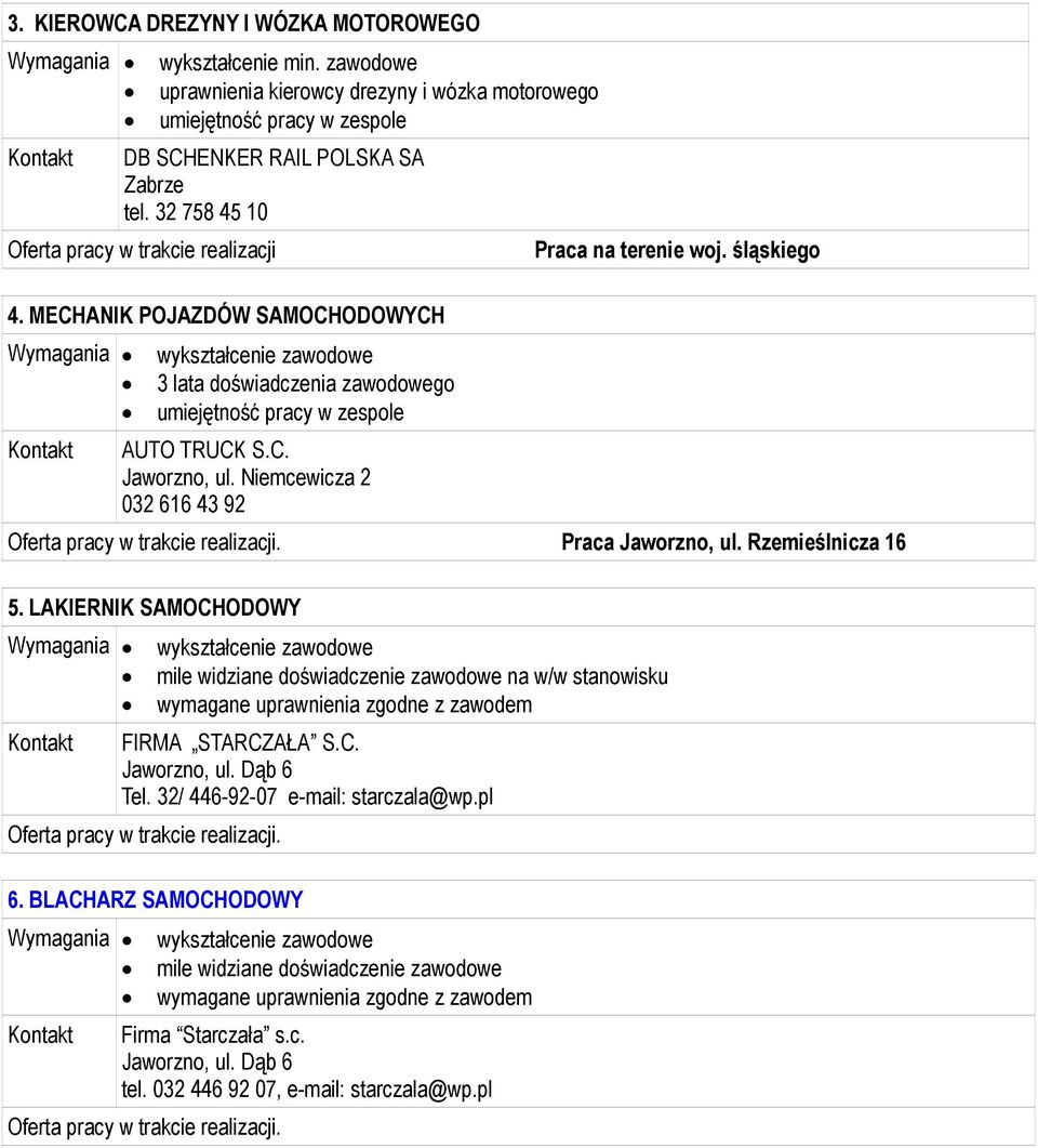 Praca, ul. Rzemieślnicza 16 5. LAKIERNIK SAMOCHODOWY mile widziane doświadczenie zawodowe na w/w stanowisku wymagane uprawnienia zgodne z zawodem FIRMA STARCZAŁA S.C., ul. Dąb 6 Tel.