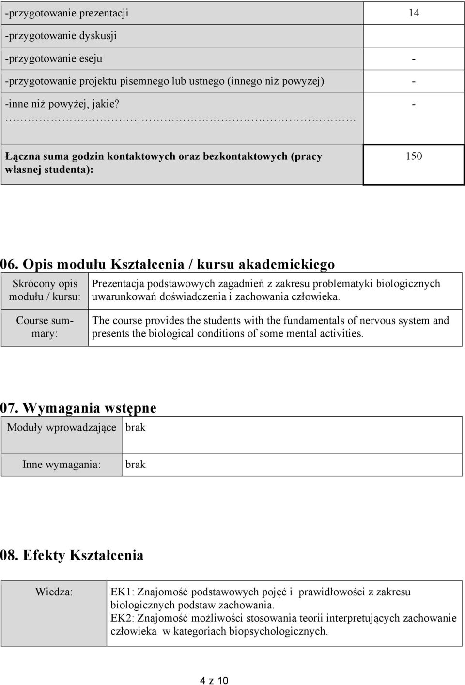 Opis modułu Kształcenia / kursu akademickiego Skrócony opis modułu / kursu: Prezentacja podstawowych zagadnień z zakresu problematyki biologicznych uwarunkowań doświadczenia i zachowania człowieka.