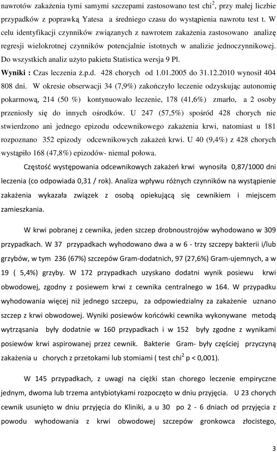 Do wszystkich analiz użyto pakietu Statistica wersja 9 Pl. Wyniki : Czas leczenia ż.p.d. 428 chorych od 1.01.2005 do 31.12.2010 wynosił 404 808 dni.