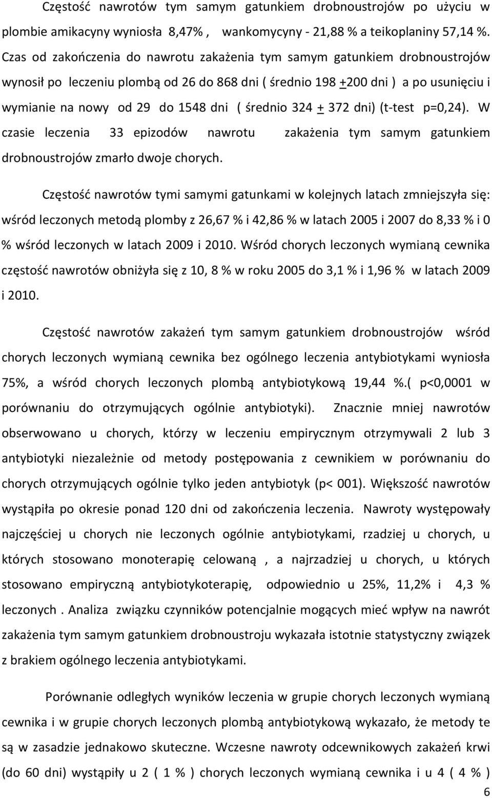 średnio 324 + 372 dni) (t-test p=0,24). W czasie leczenia 33 epizodów nawrotu drobnoustrojów zmarło dwoje chorych.