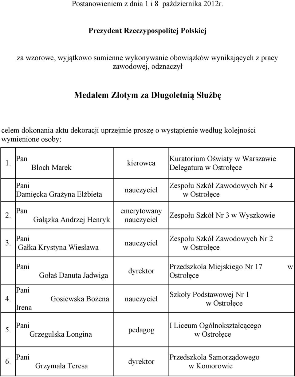 uprzejmie proszę o wystąpienie według kolejności wymienione osoby: Pan 1.