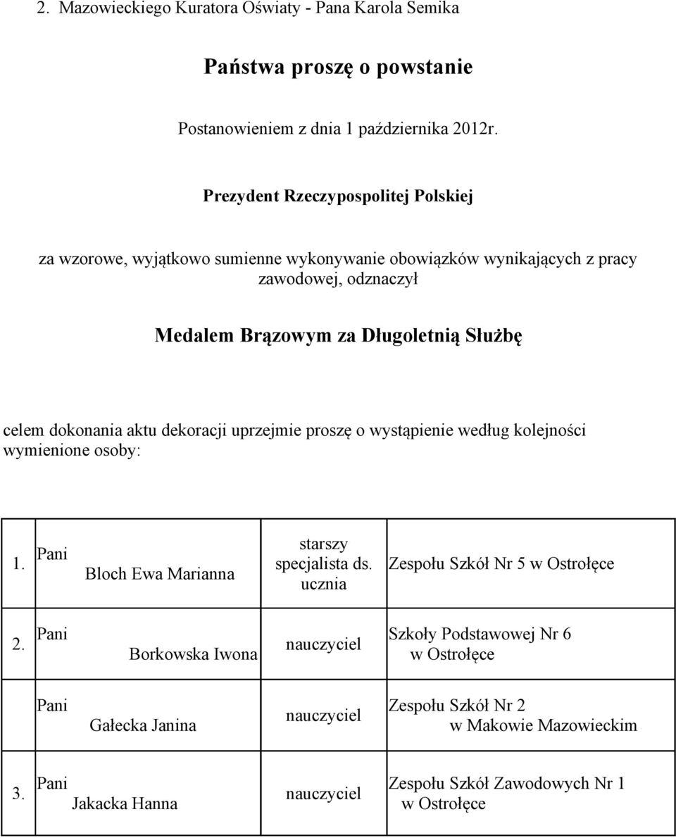 celem dokonania aktu dekoracji uprzejmie proszę o wystąpienie według kolejności wymienione osoby: starszy 1. specjalista ds.