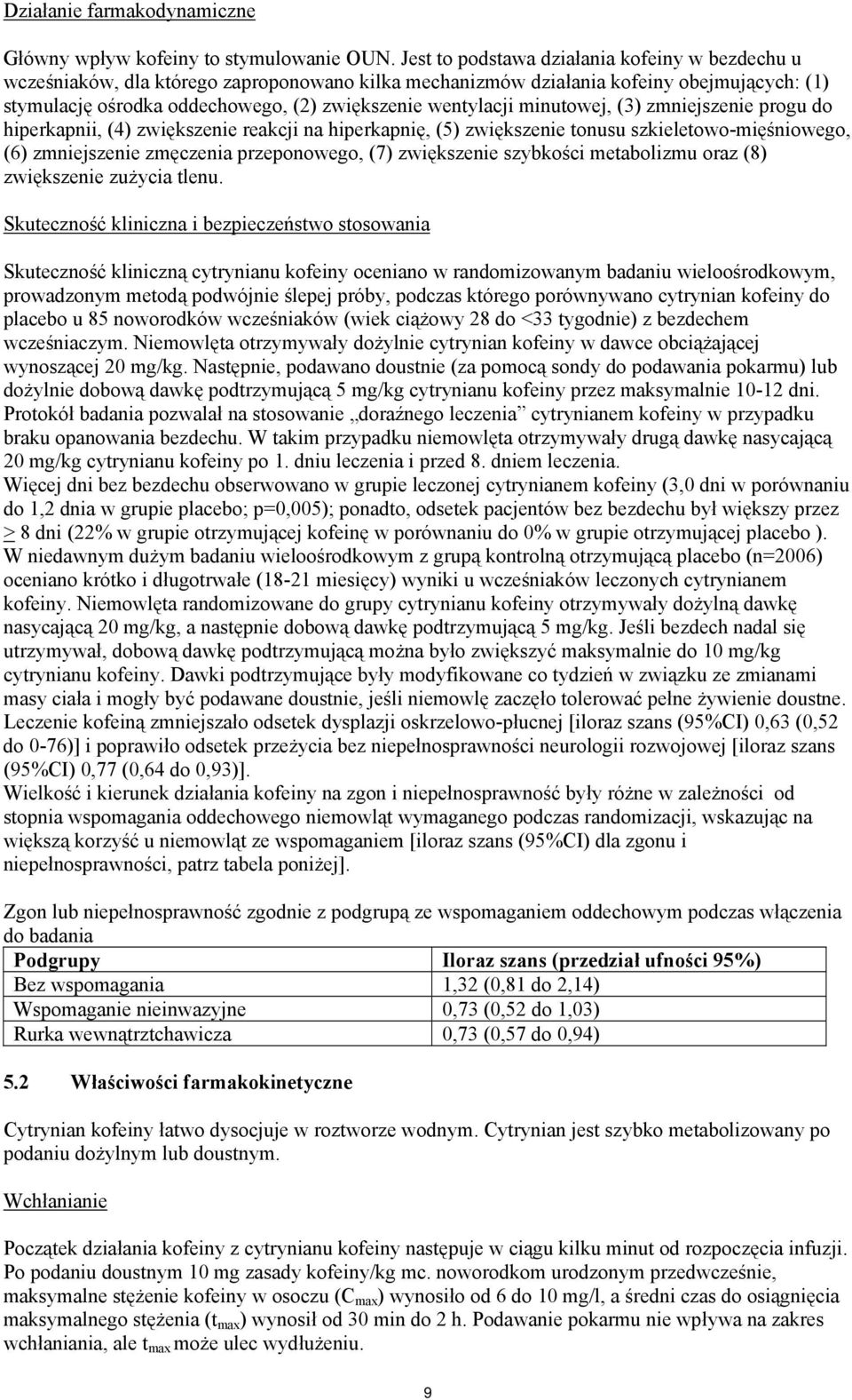 minutowej, (3) zmniejszenie progu do hiperkapnii, (4) zwiększenie reakcji na hiperkapnię, (5) zwiększenie tonusu szkieletowo-mięśniowego, (6) zmniejszenie zmęczenia przeponowego, (7) zwiększenie