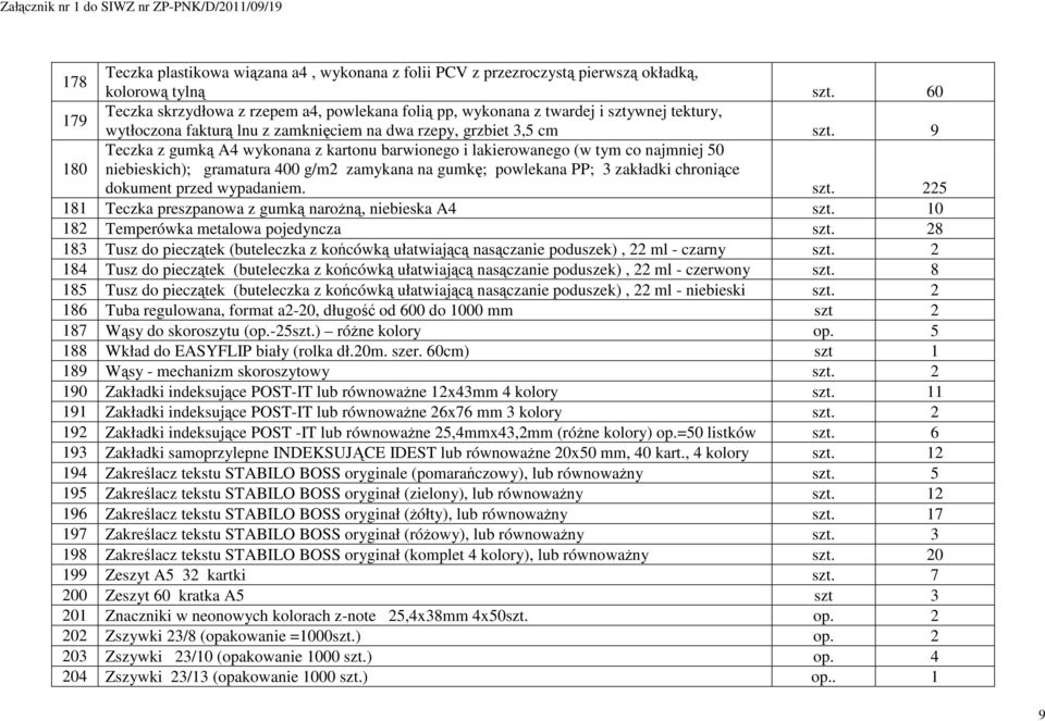 9 Teczka z gumką A4 wykonana z kartonu barwionego i lakierowanego (w tym co najmniej 50 180 niebieskich); gramatura 400 g/m2 zamykana na gumkę; powlekana PP; 3 zakładki chroniące dokument przed