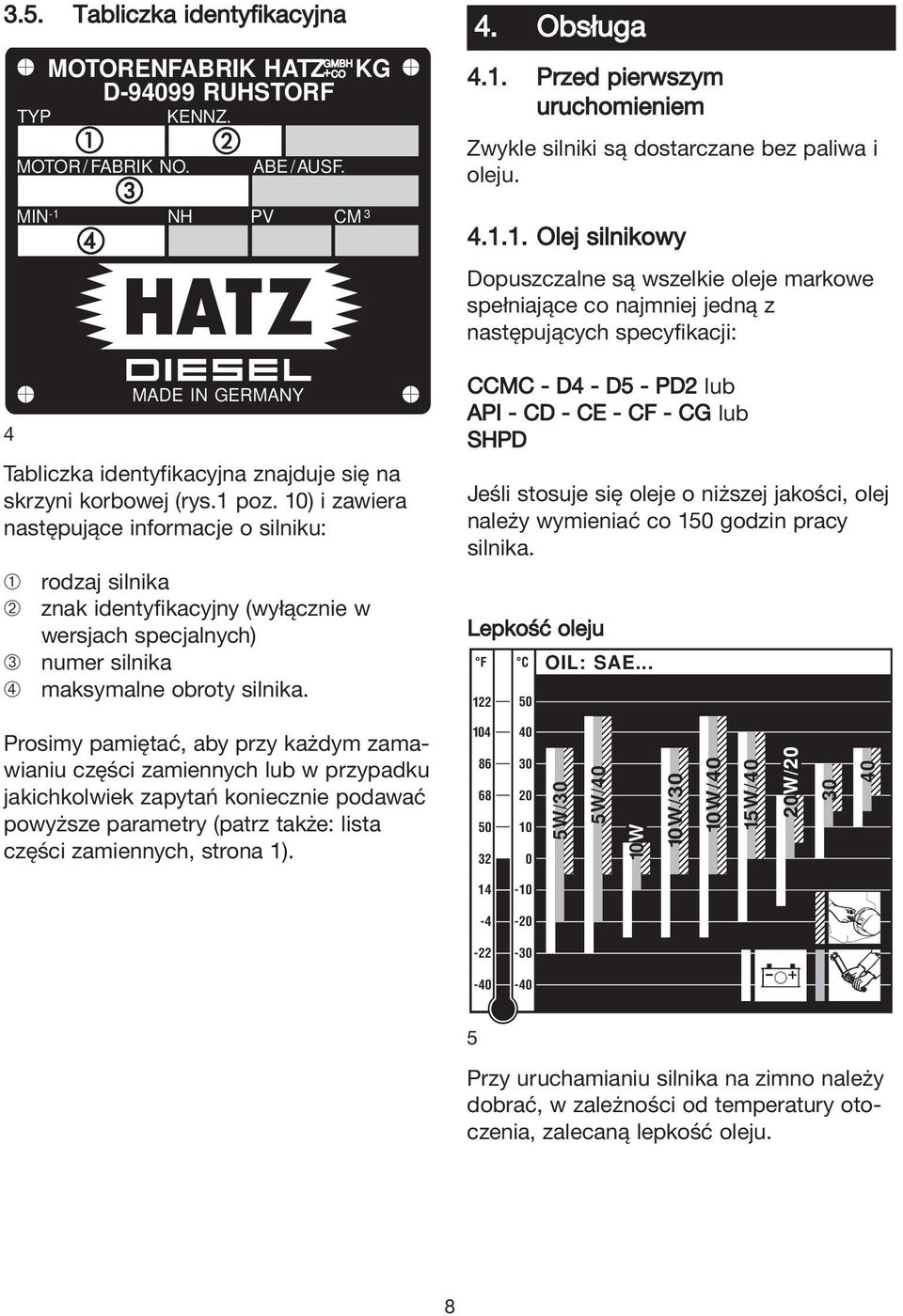 MIN NH PV CM -1 3 MADE IN GERMANY KG rodzaj silnika znak identyfikacyjny (wyłącznie w wersjach specjalnych) numer silnika maksymalne obroty silnika. 4. Obsługa 4.1. Przed pierwszym uruchomieniem Zwykle silniki są dostarczane bez paliwa i oleju.