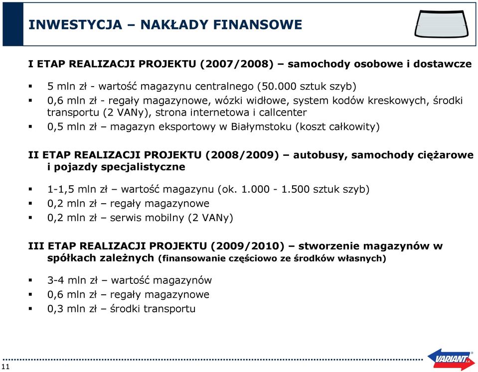 (koszt całkowity) II ETAP REALIZACJI PROJEKTU (2008/2009) autobusy, samochody ciężarowe i pojazdy specjalistyczne 1-1,5 mln zł wartość magazynu (ok. 1.000-1.