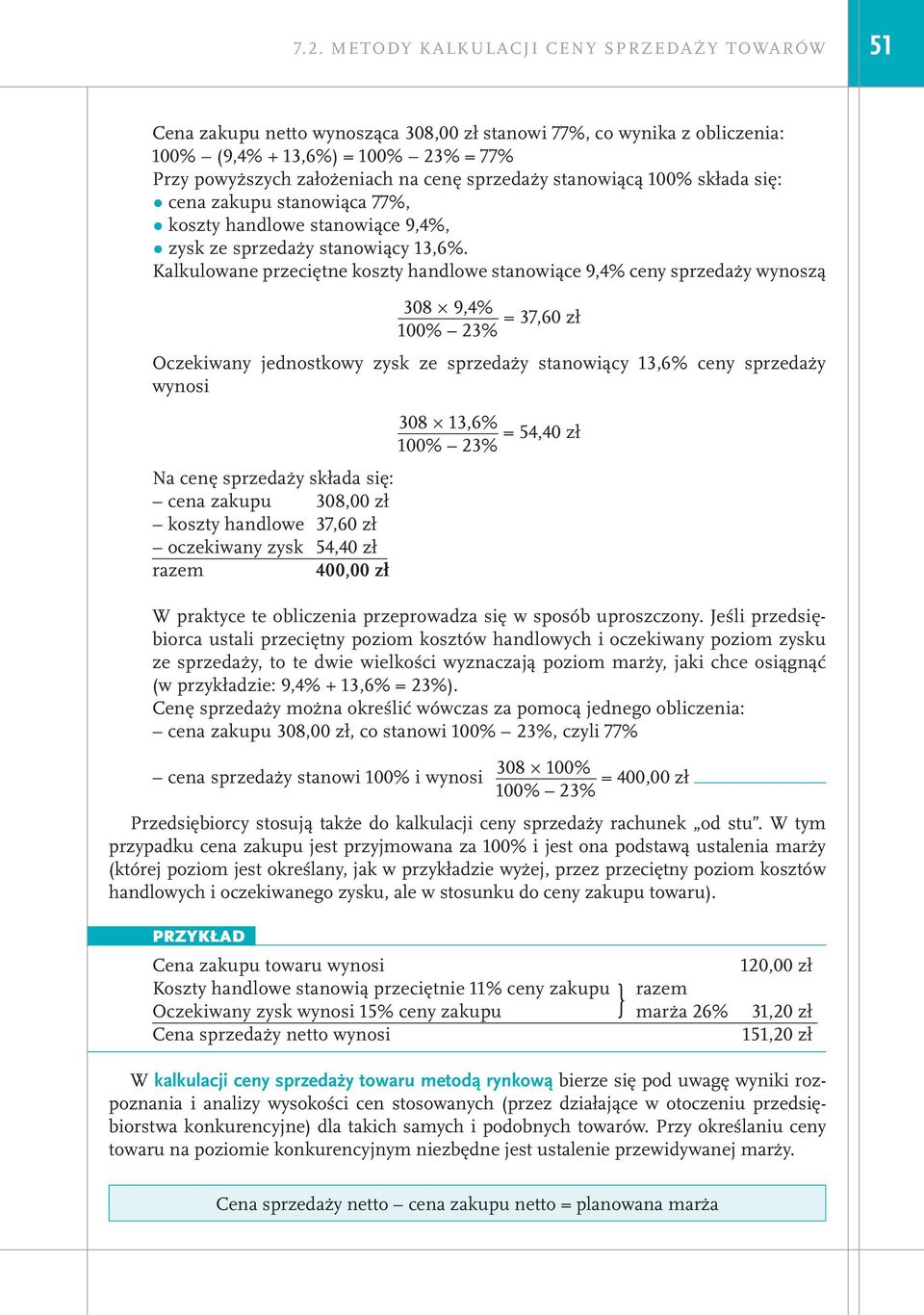 Kalkulowane przeciętne koszty handlowe stanowiące 9,4% ceny sprzedaży wynoszą 308 9,4% = 37,60 zł 100% 23% Oczekiwany jednostkowy zysk ze sprzedaży stanowiący 13,6% ceny sprzedaży wynosi 308 13,6% =