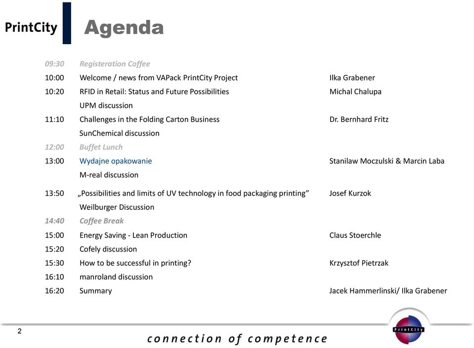 Bernhard Fritz SunChemical discussion 12:00 Buffet Lunch 13:00 Wydajne opakowanie Stanilaw Moczulski & Marcin Laba M real discussion 13:50 Possibilities and limits of UV
